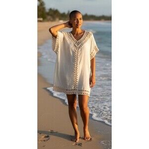 Forgotten Grace V-neck crochet accent womens tunic blouse cover up XL summer